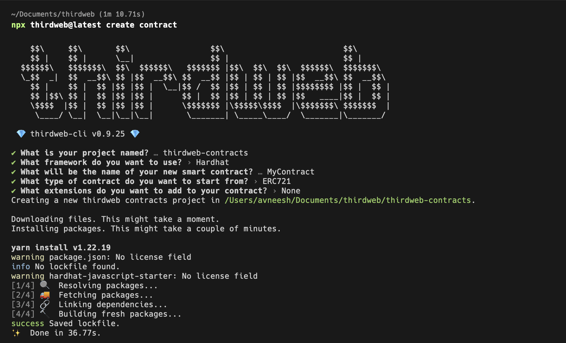 Create a new contract using the thirdweb cli