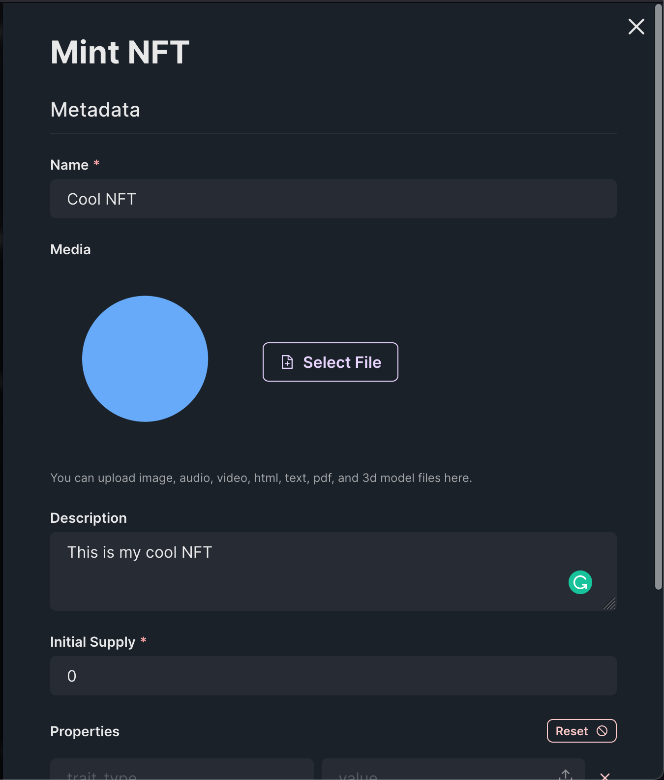 Add metadata for the NFT you want to mint