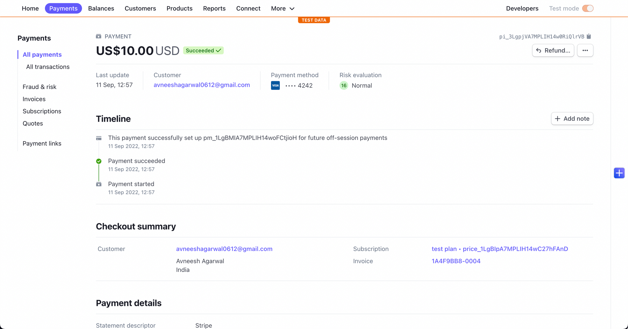 The payment went successfully on dashboard