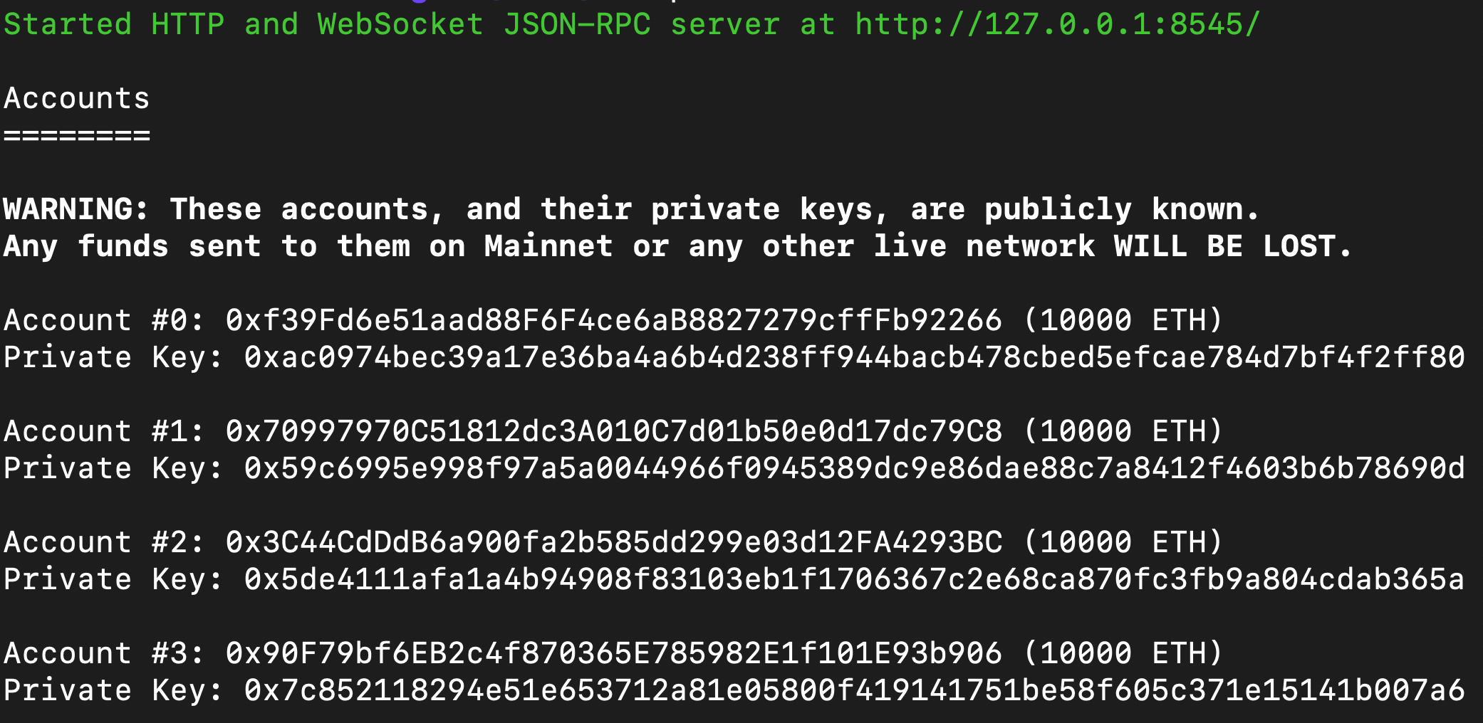 Hardhat spinning up a local blockchain.