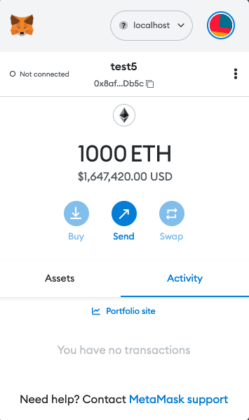 Metamask connected to localhost showing updated funds in the user's wallet