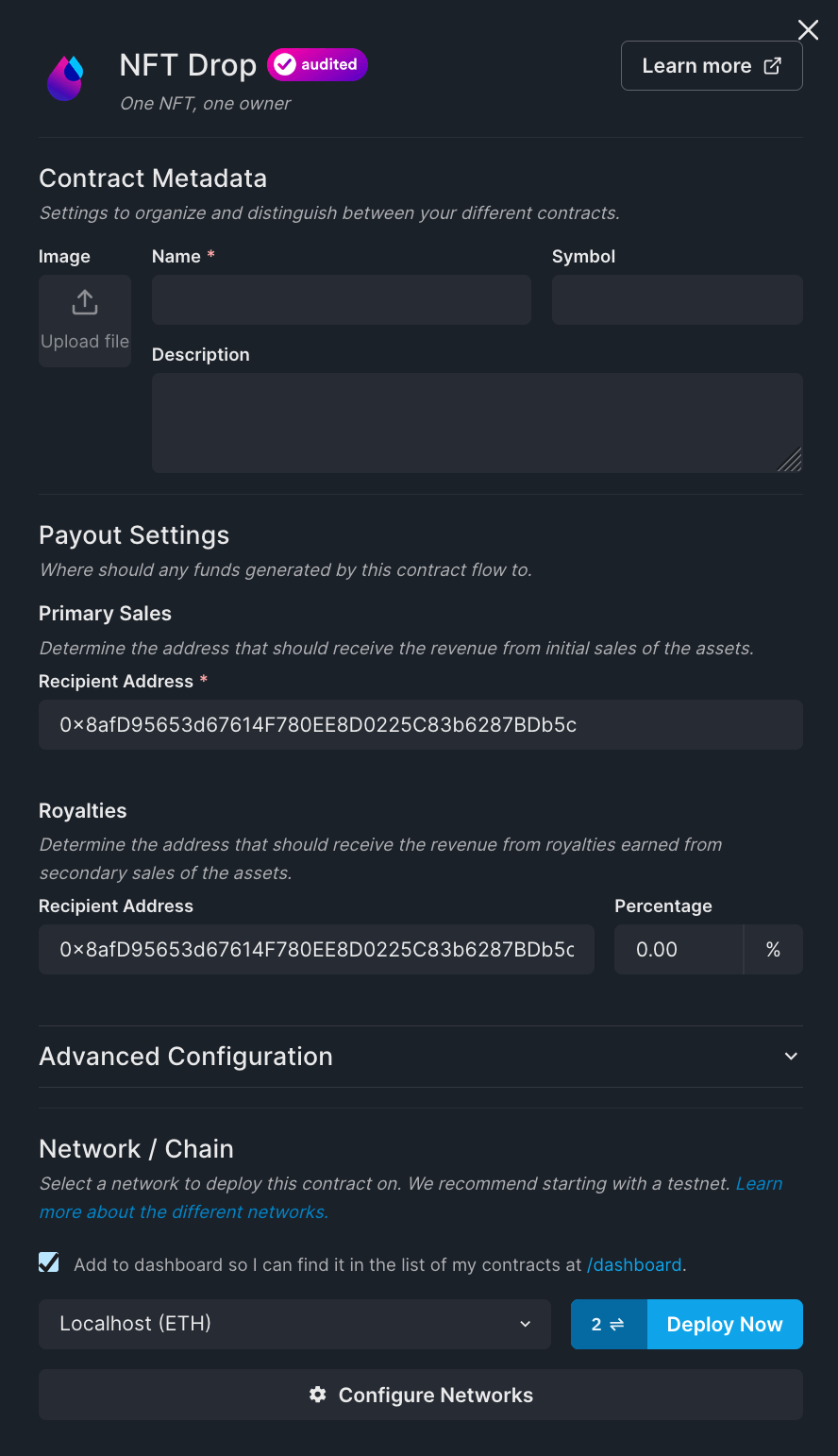 Deploying NFT drop contract on local blockchain using thirdweb explore