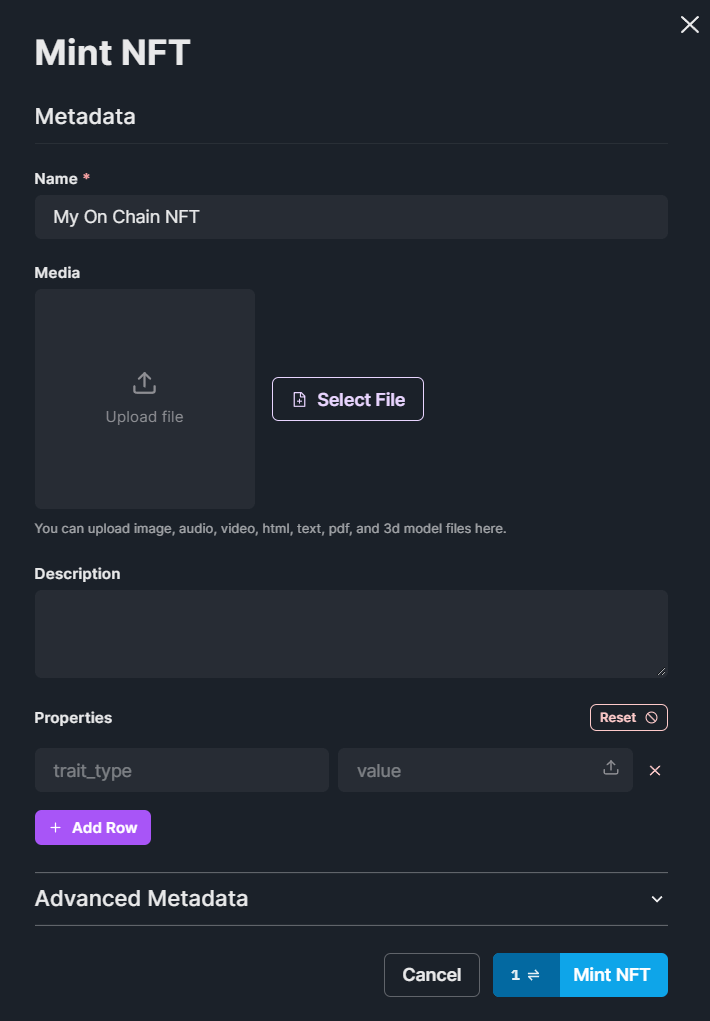 Add in metadata for minting a new NFT