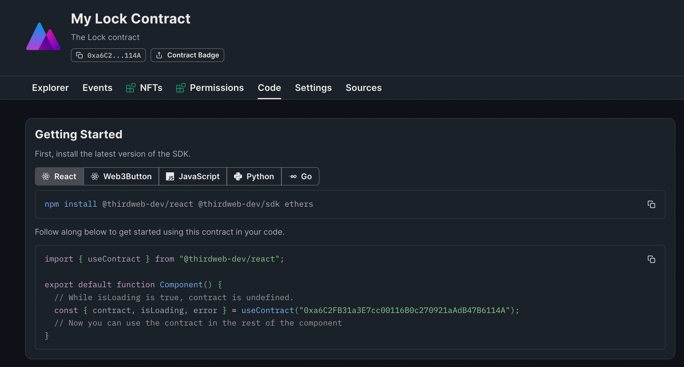 Code snippets for the contract
