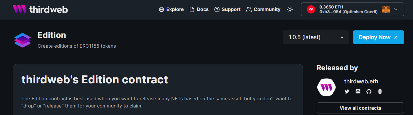 Click Deploy Now on the thirdweb Edition page