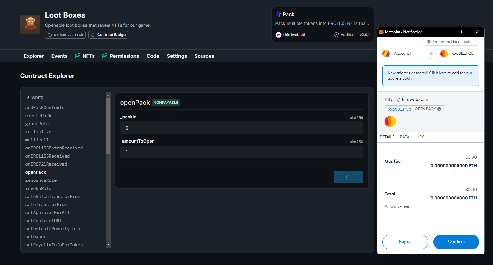 Call the openPack function from Explorer