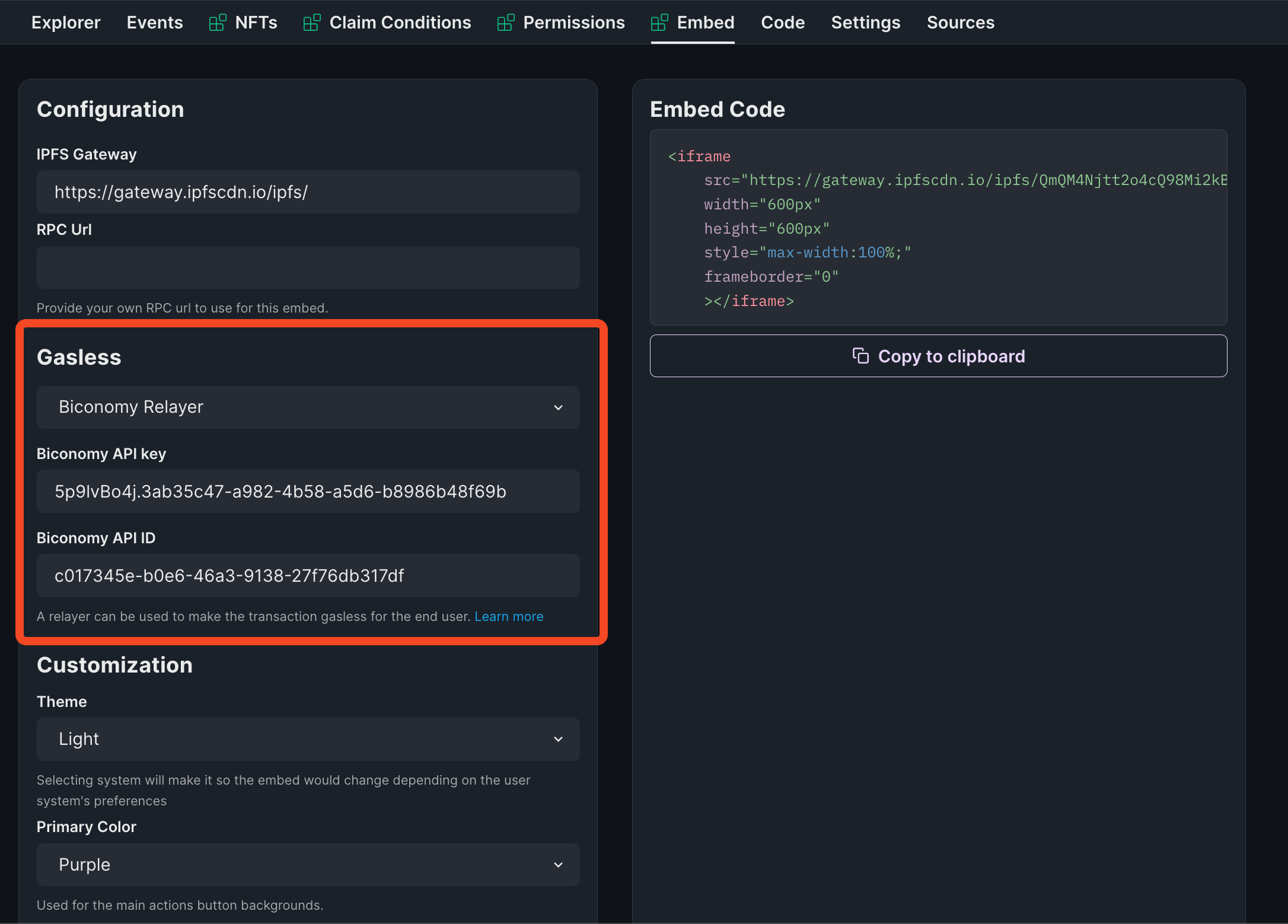 Gasless settings in the thirdweb NFT Drop
