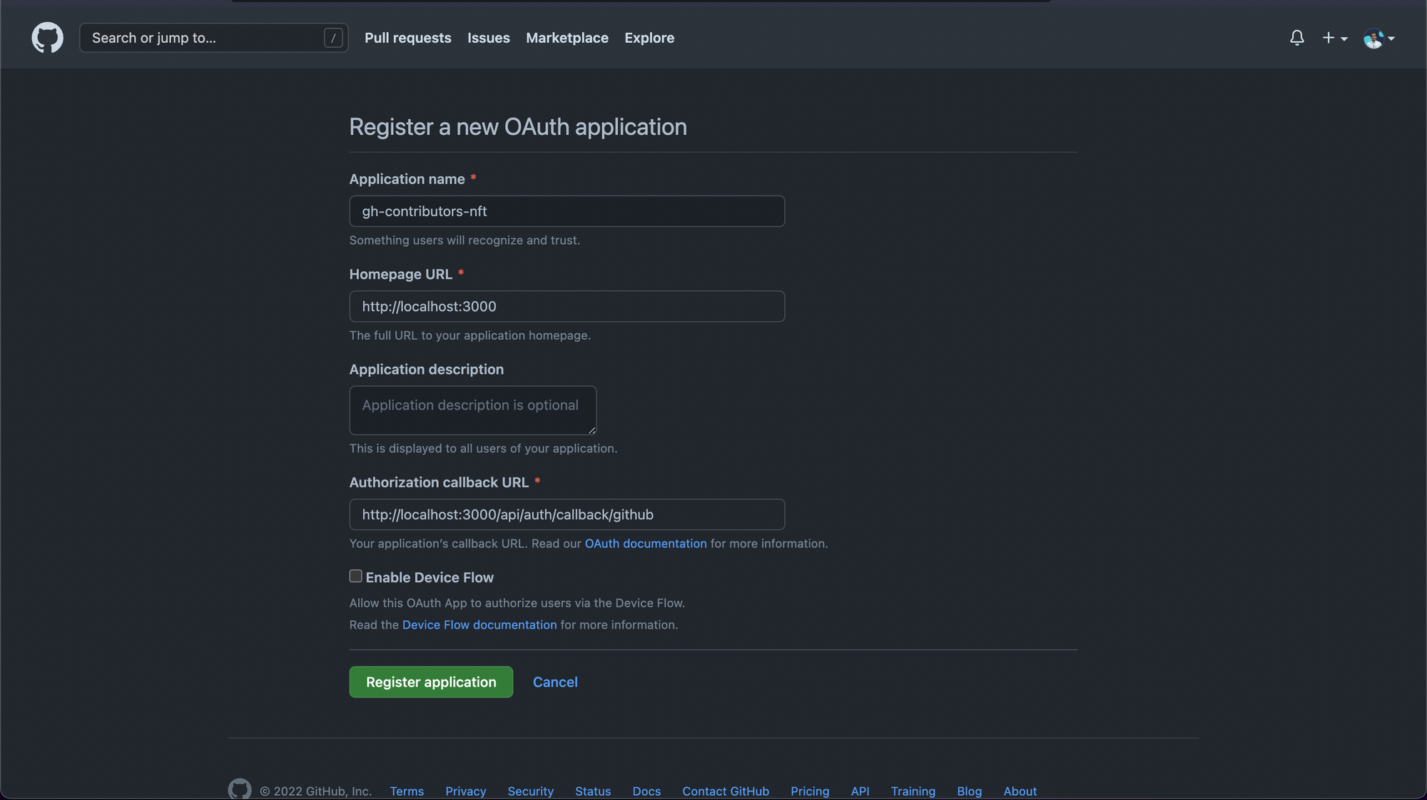 Register a new OAuth application on github