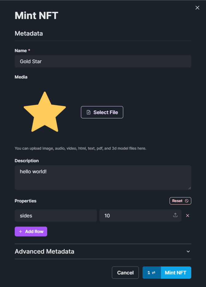 Enter metadata of the NFT