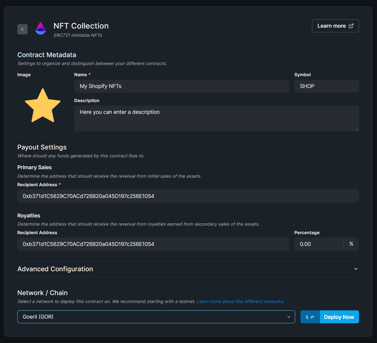 Deploy a new nft collection