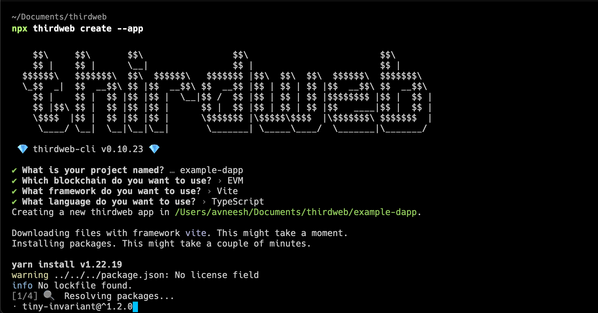 Create a new vite app using npx thirdweb create