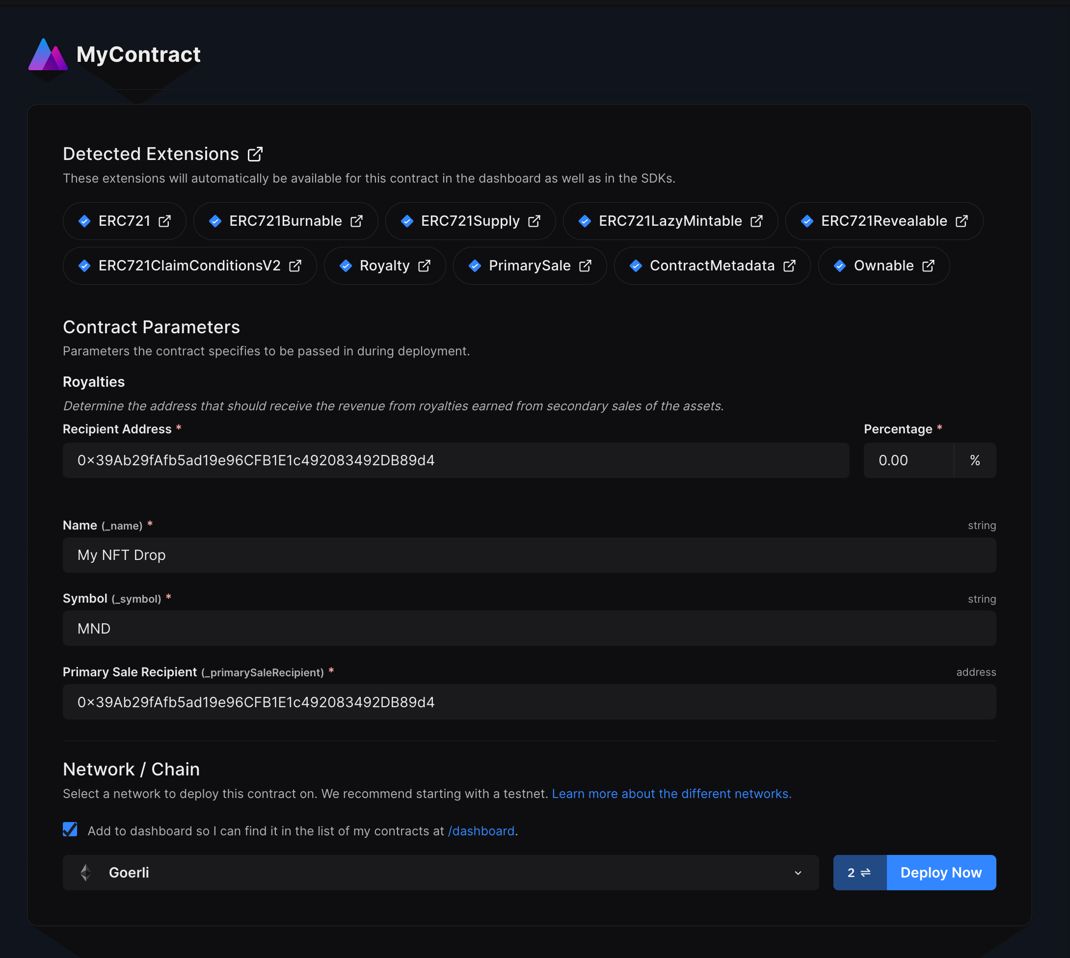 Open up the deploy page and populate metadata of your contract
