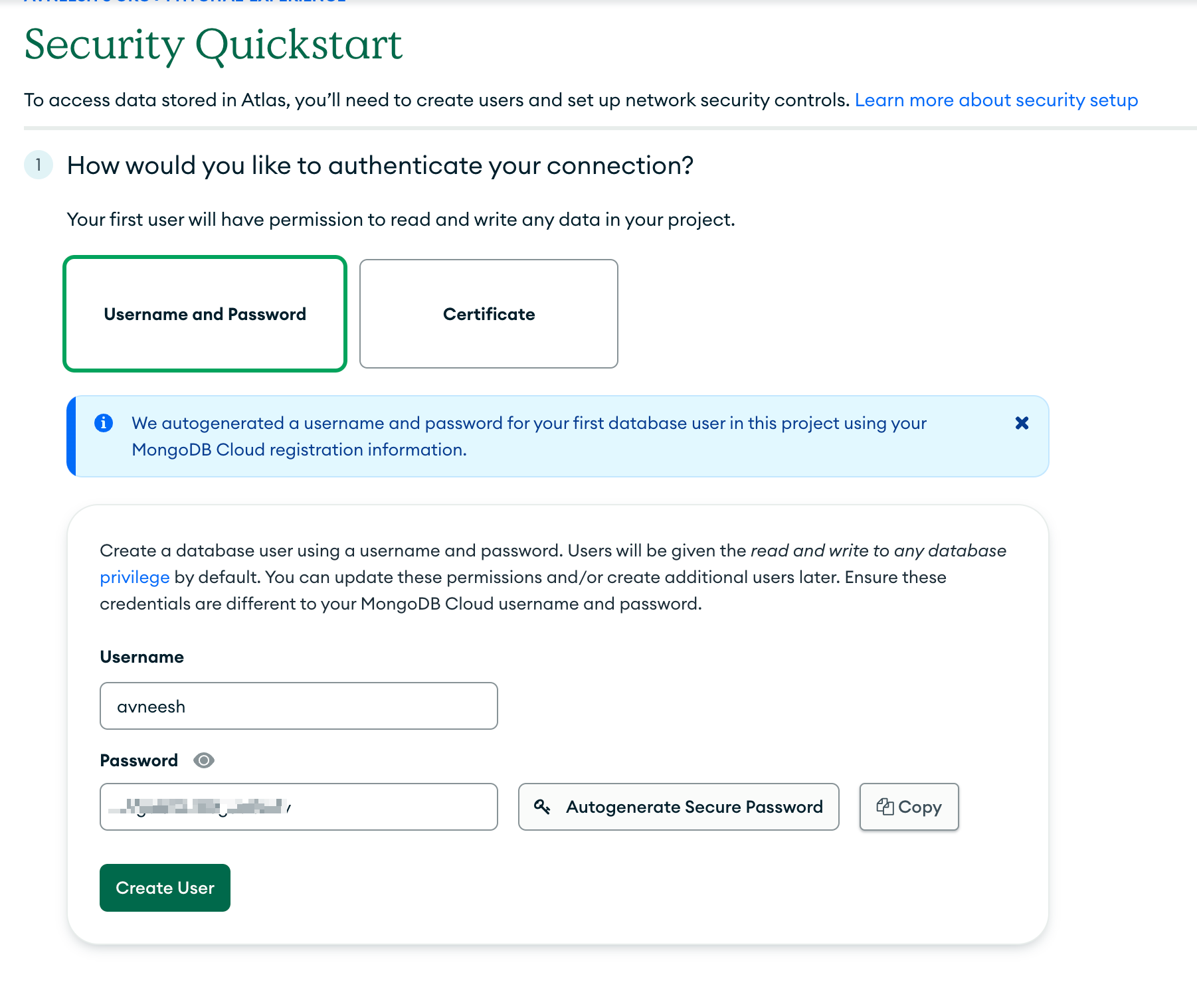 Create a user with username and password
