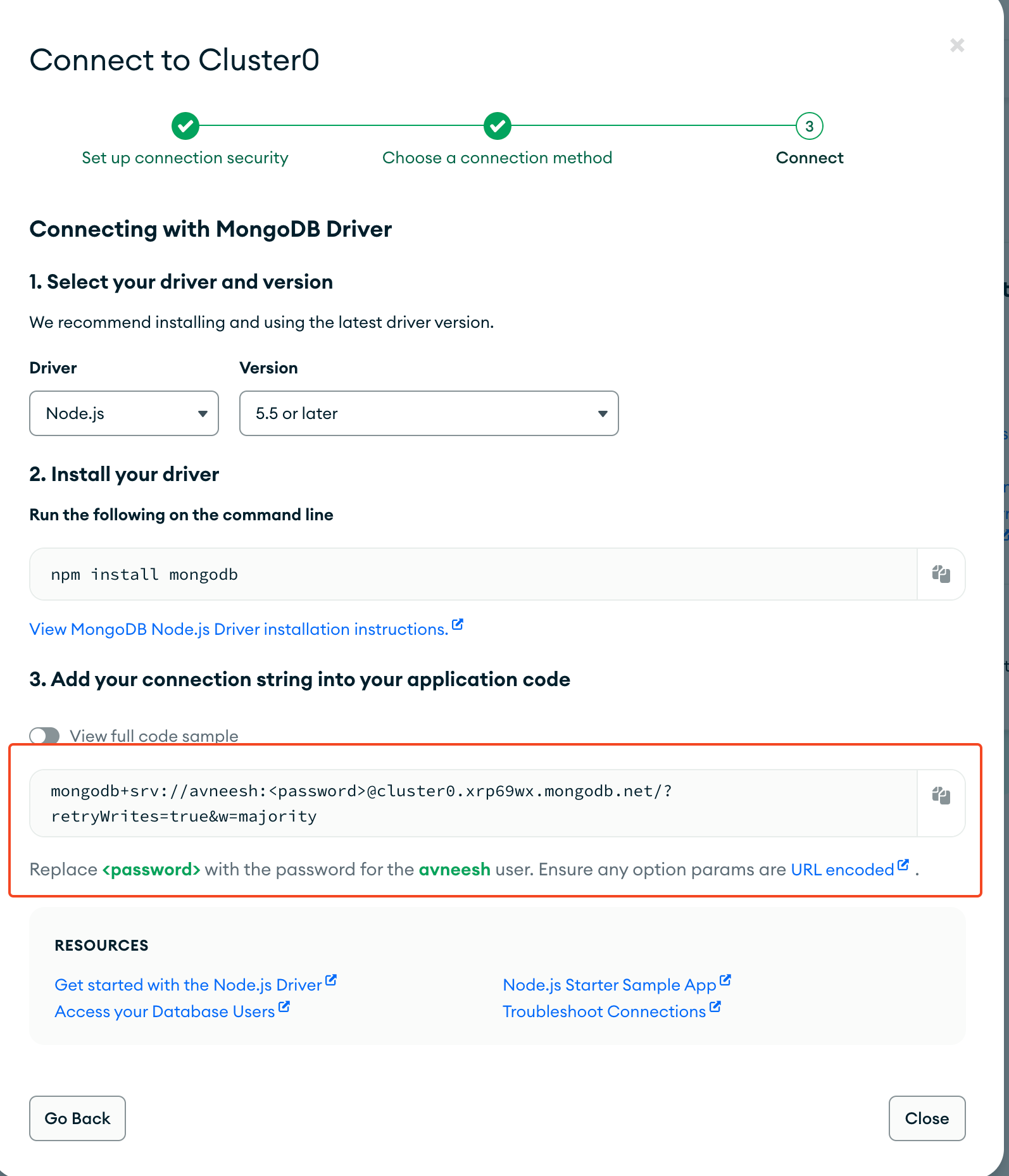 Copy connection string of your mongo db
