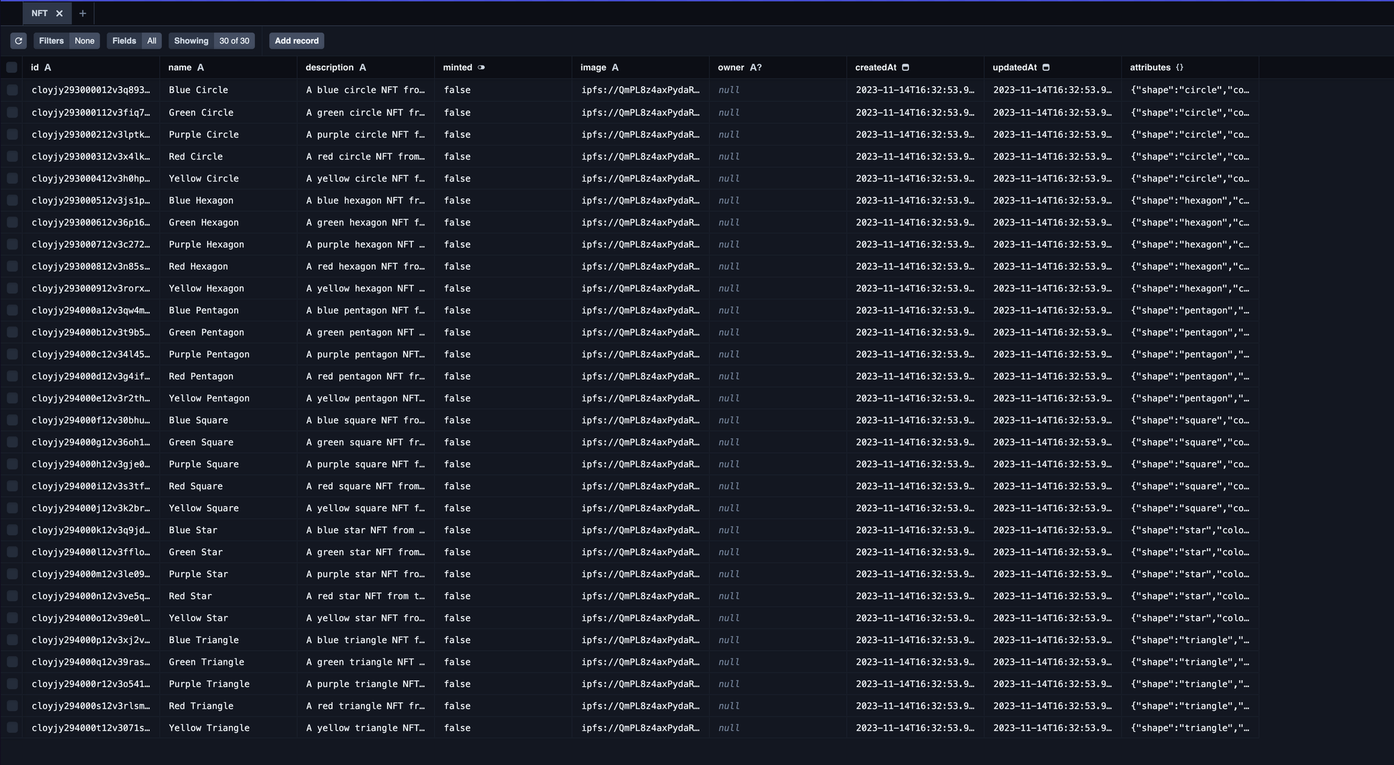All the NFTs showing in prisma studio