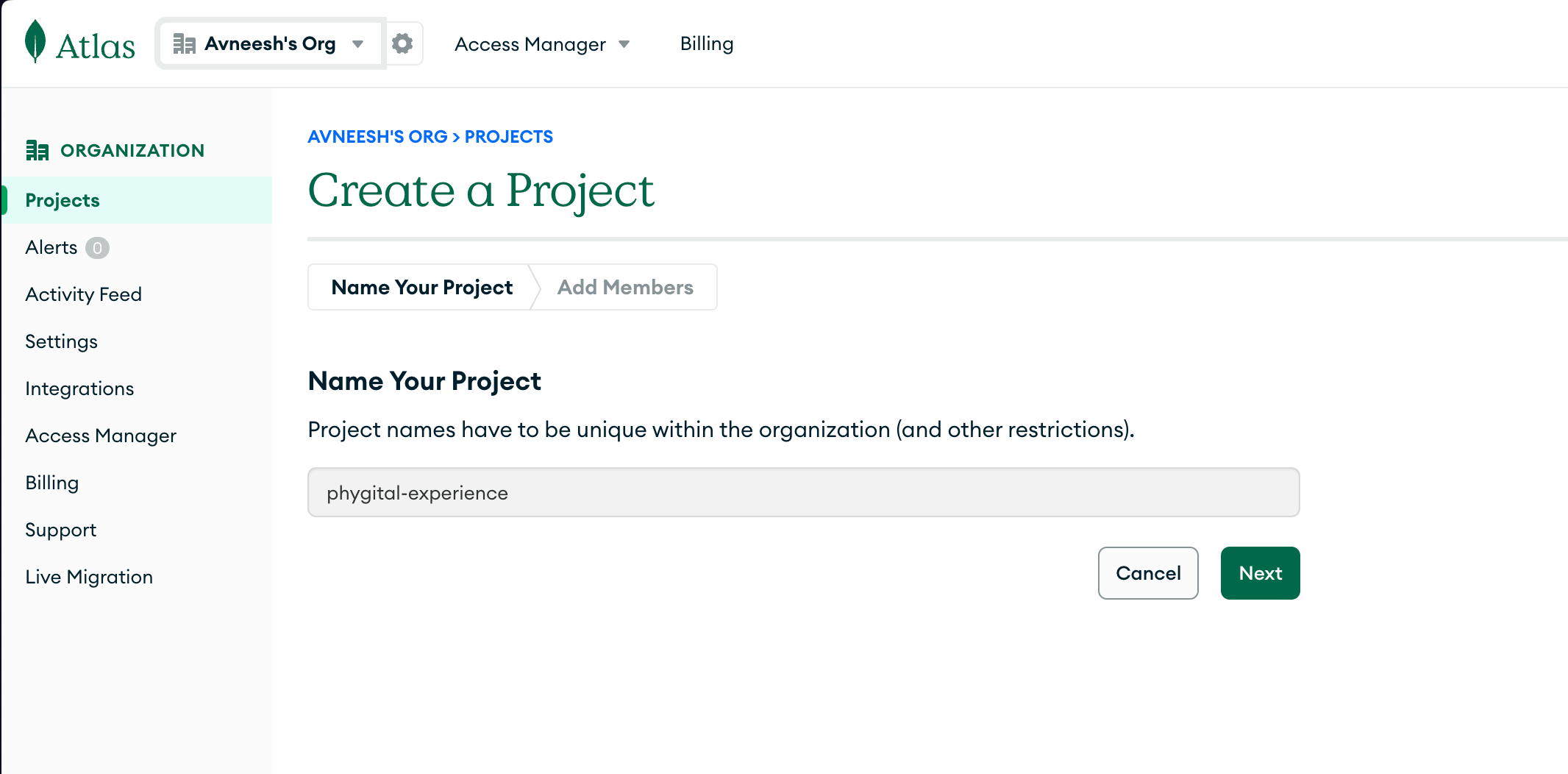 Create a new mongoDB project