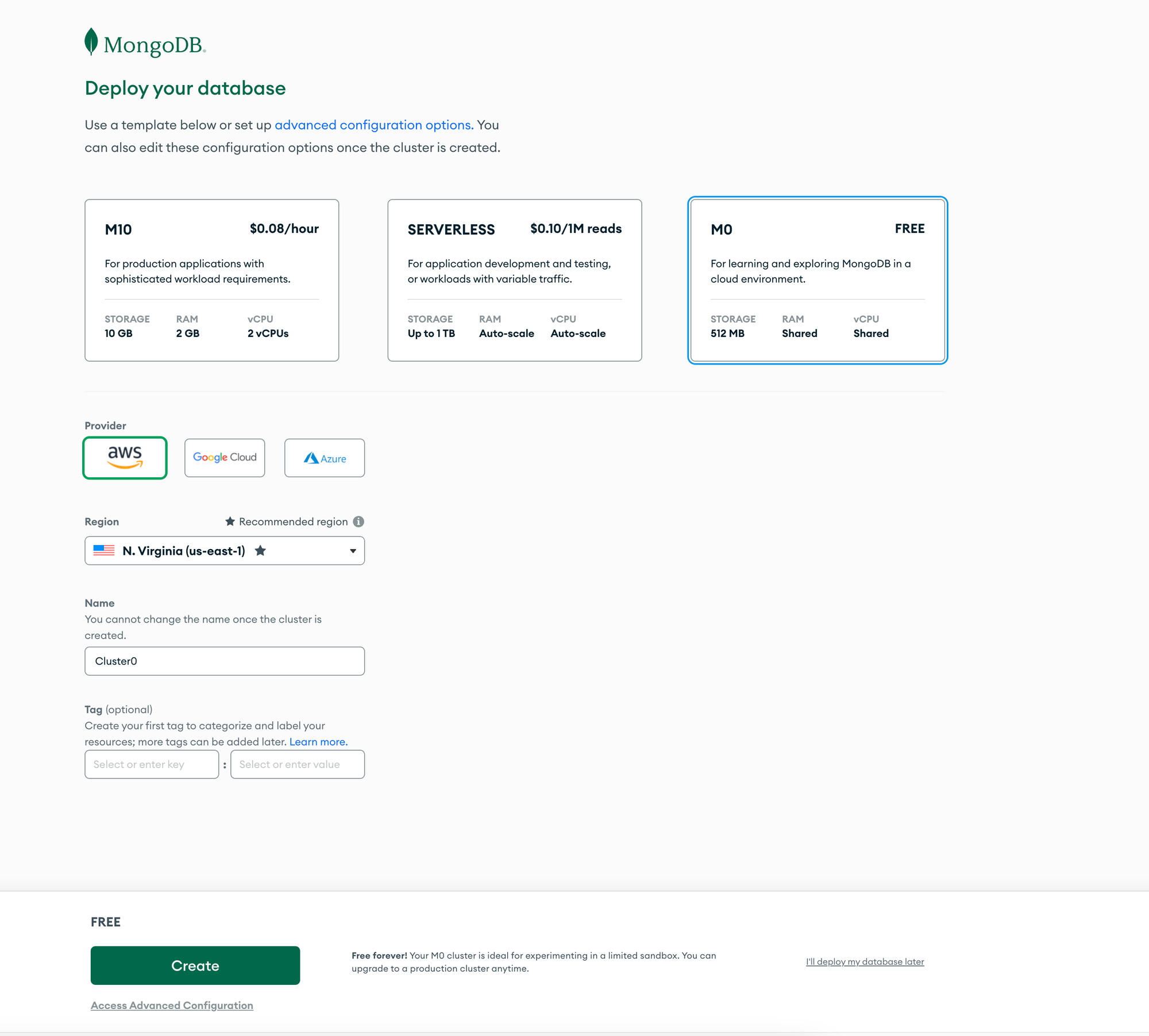 Choose the configuration options of your database
