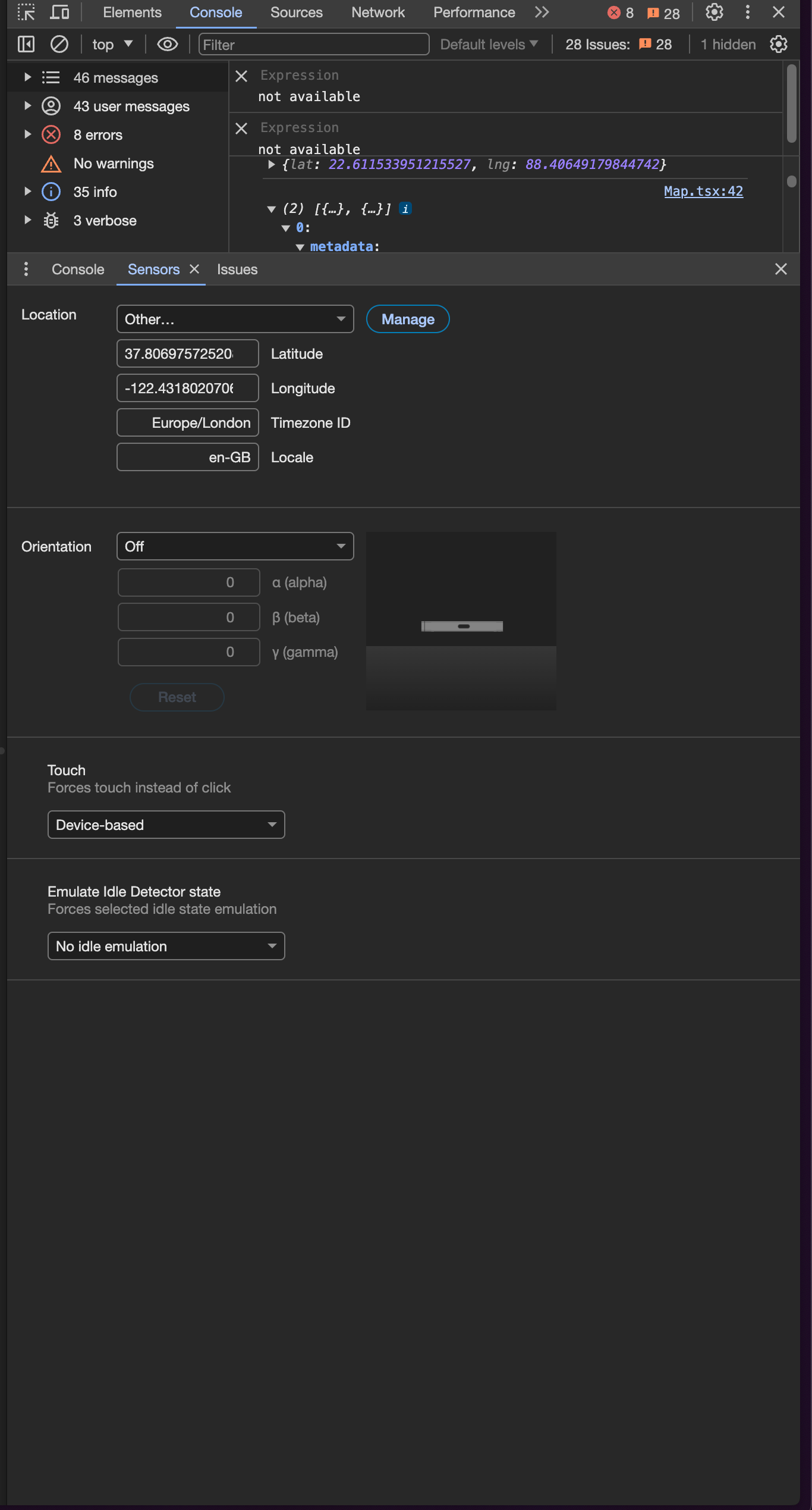 Change your location using sensors under developer tools