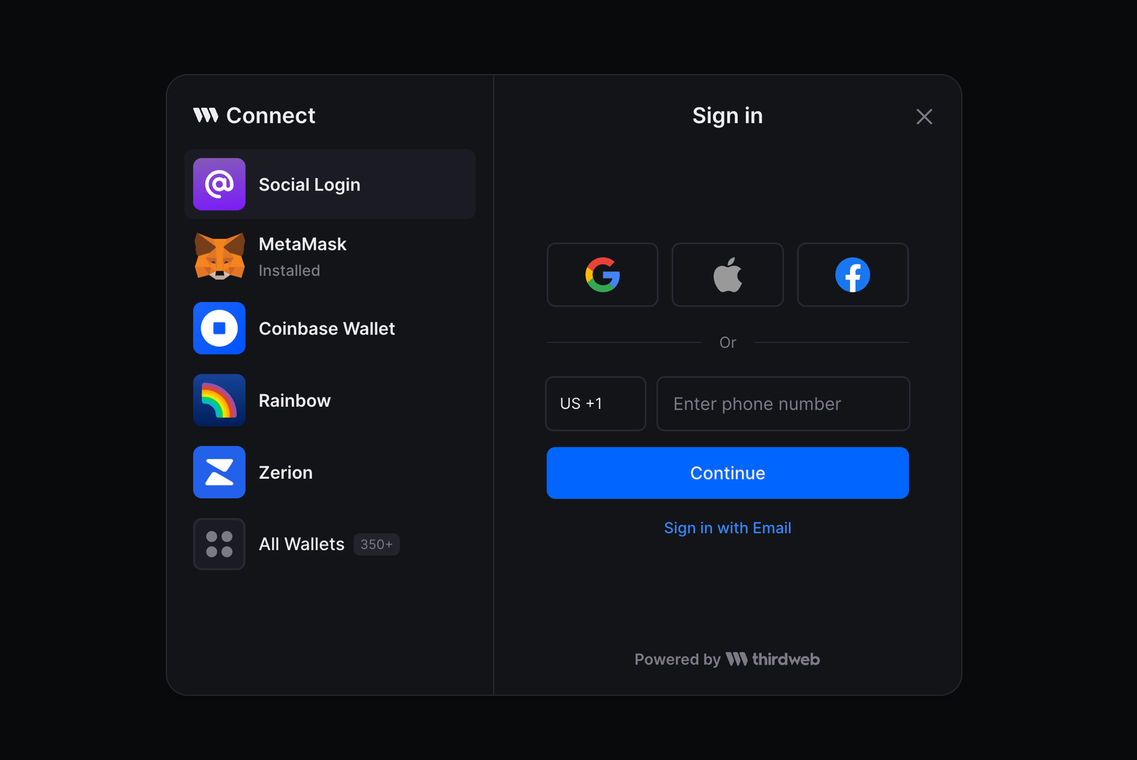 Sign in with Phone number available in thirdweb SDK