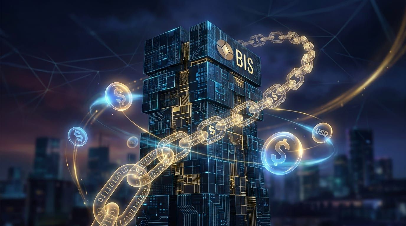 BIS stablecoins report concept — central bank building with blockchain foundation