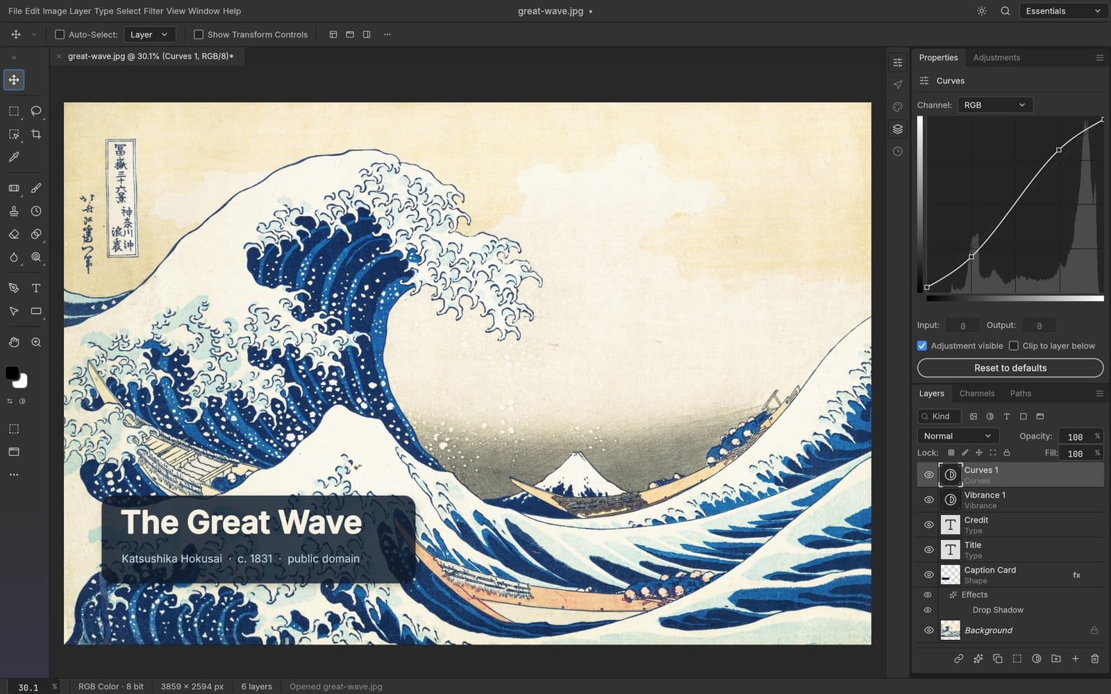 PhotoCraft's Photoshop-style interface with Hokusai's The Great Wave open, a Curves adjustment panel and a Layers panel