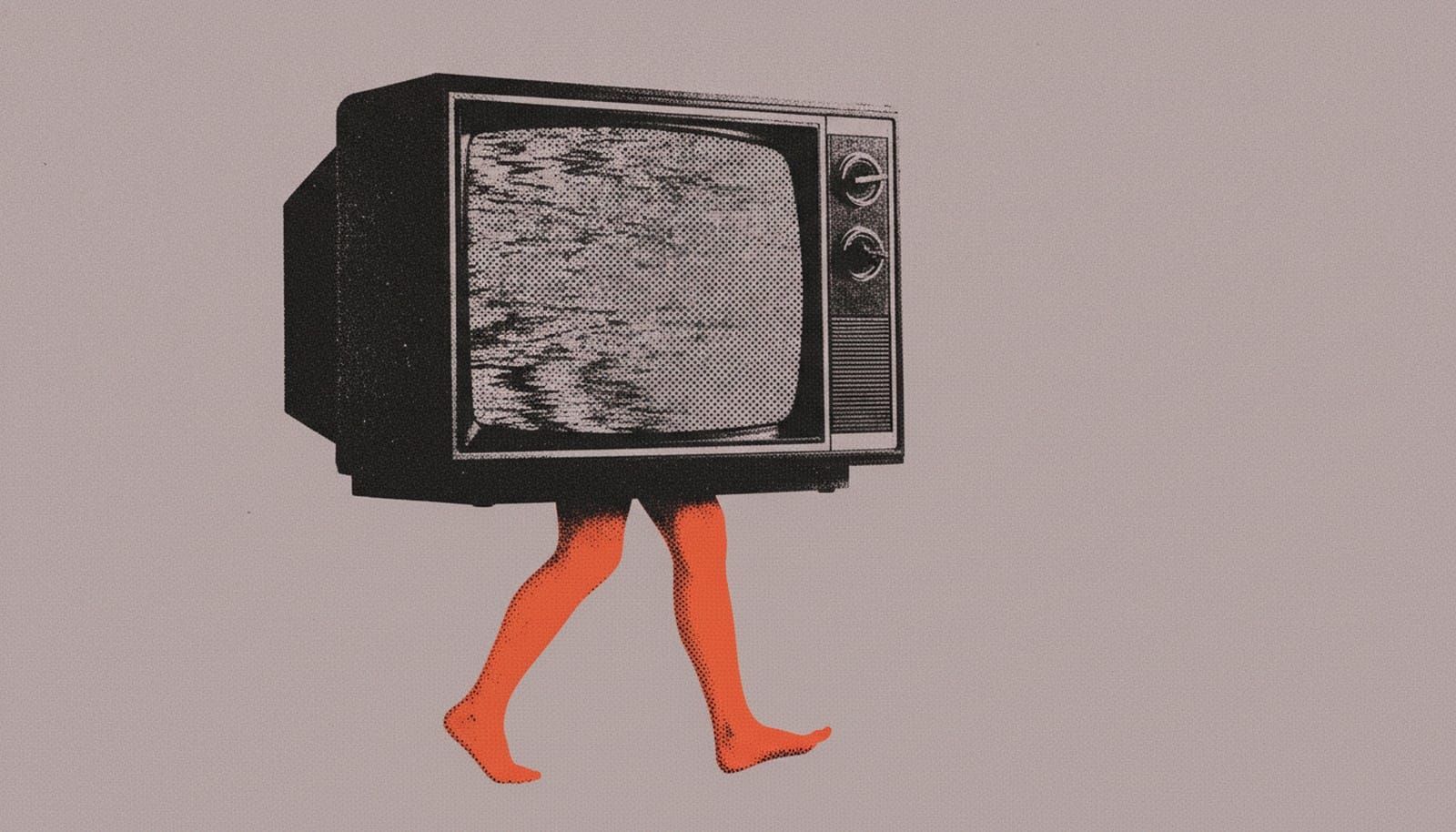 An old television set with a static screen walking away on human legs