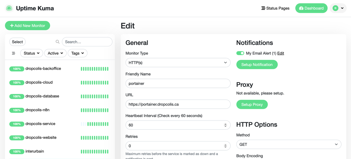 Monitoring des services Dropcolis avec Uptime Kuma