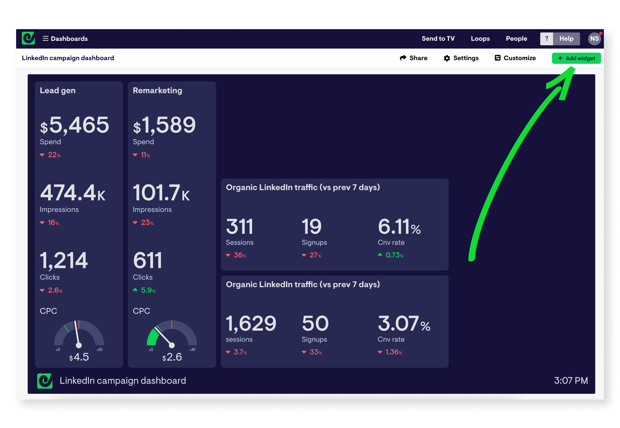 Add KPIs LinkedIn Dashboard