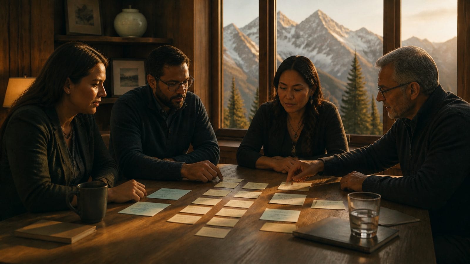 A diverse credit union leadership team arranging planning cards on a table, with snow-capped mountains through the windows
