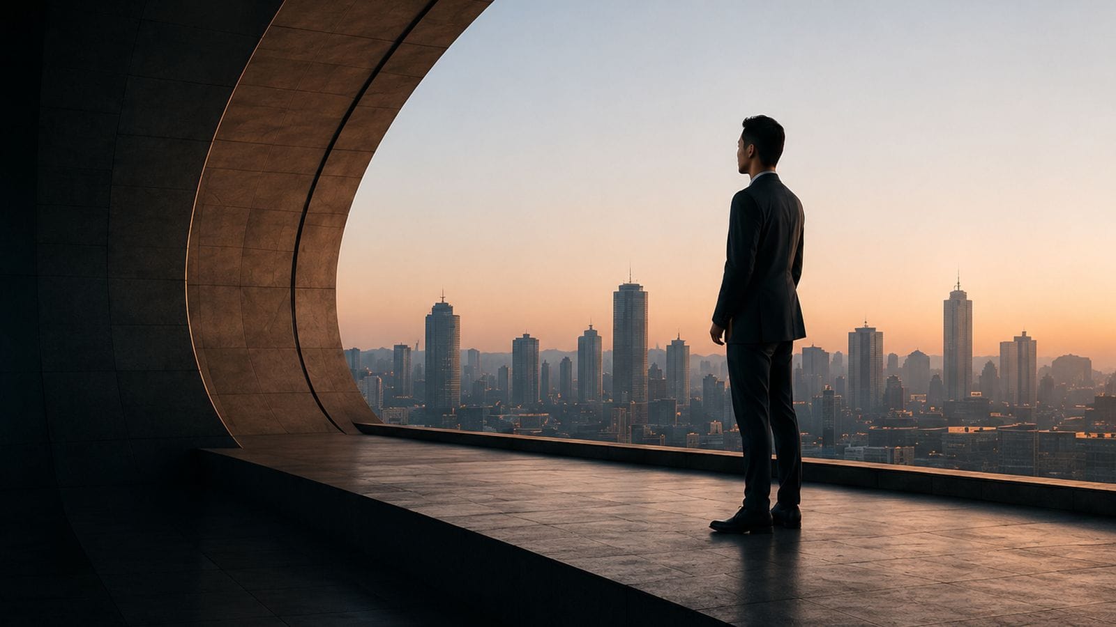 A person looking out over a city skyline at dusk