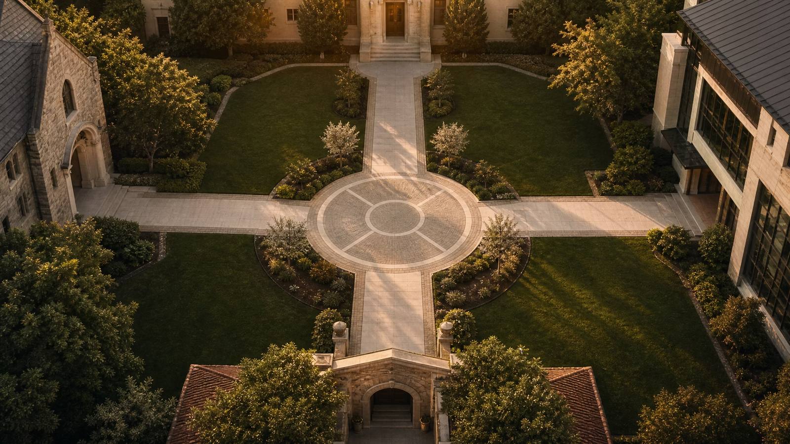 Aerial view of garden paths dividing at golden hour