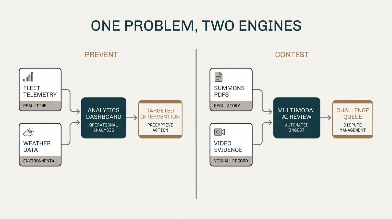 Diagram: fleet telematics and weather data feed an analytics dashboard for targeted intervention; summons PDFs and video evidence feed a multimodal AI review and a challenge queue.