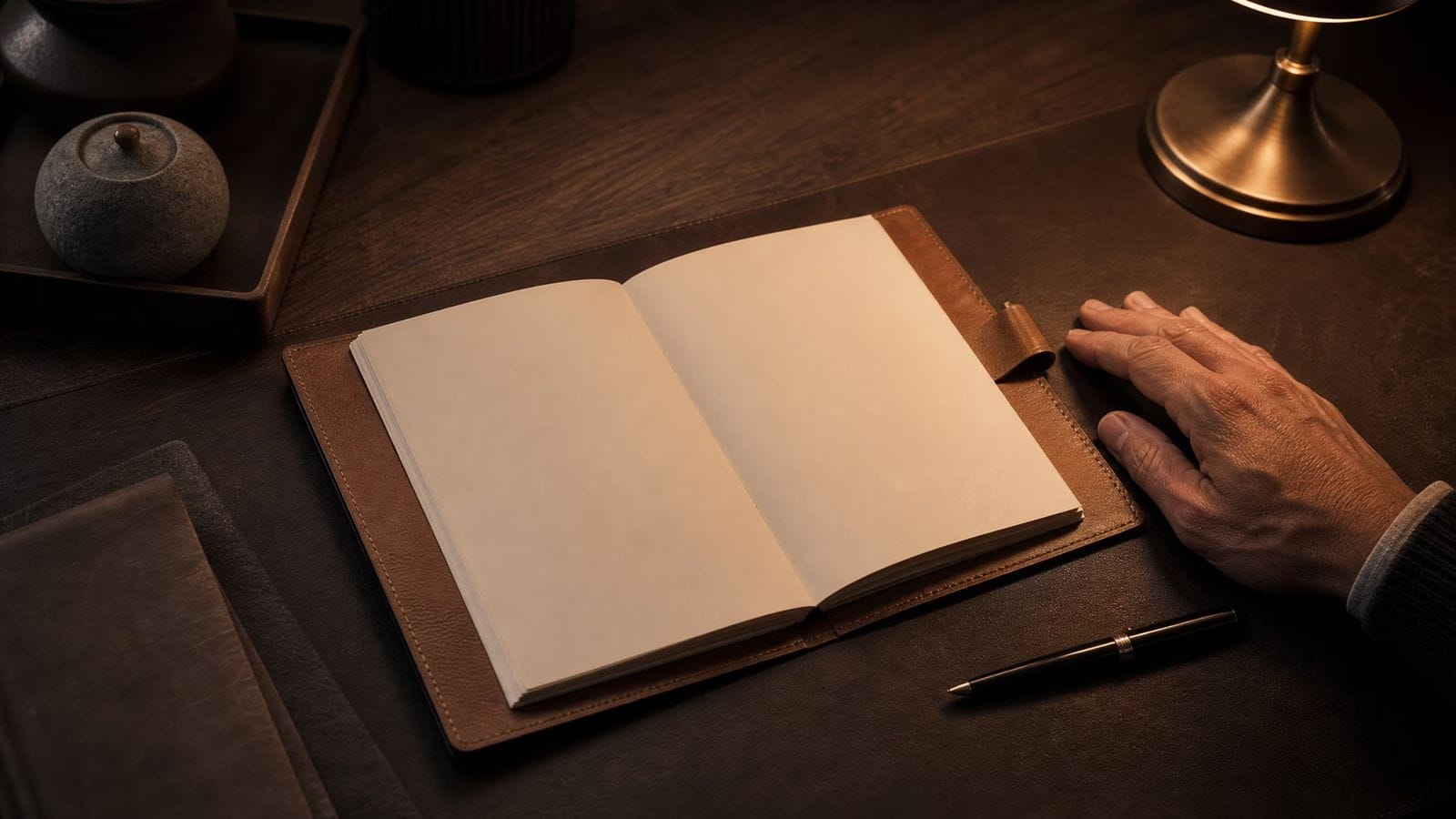 An open journal and pen on a desk under warm lamplight