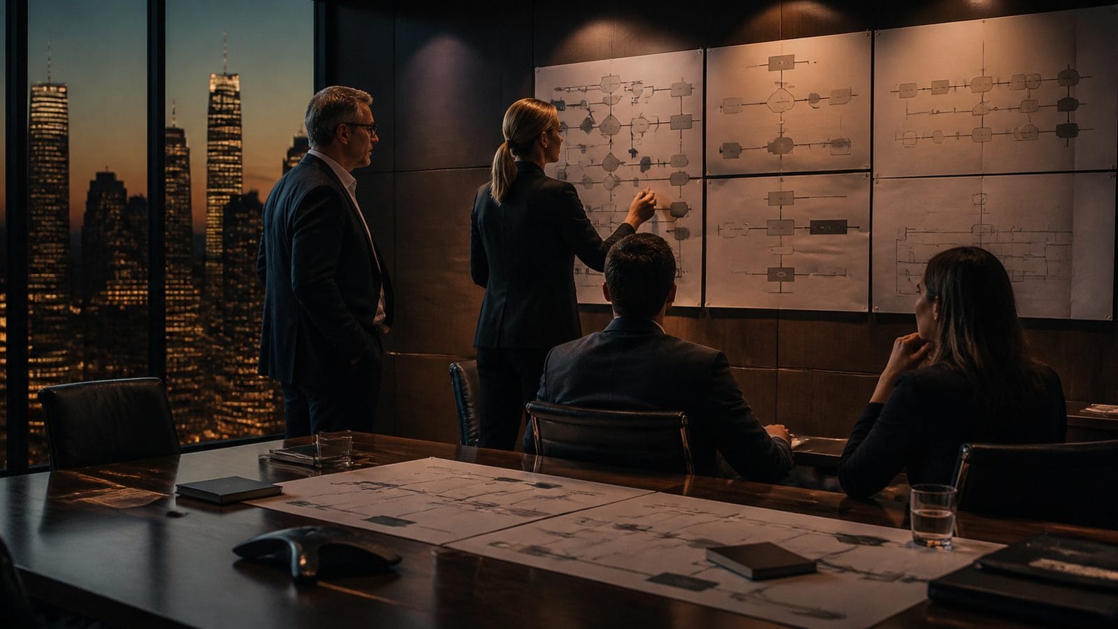 A program team reviewing roadmaps on a wall in a dim office overlooking a city skyline at night