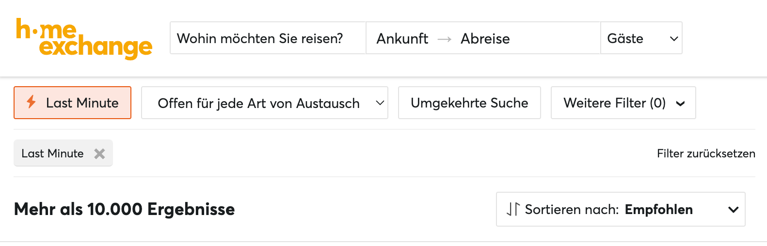 Last Minute Filter bei HomeExchange
