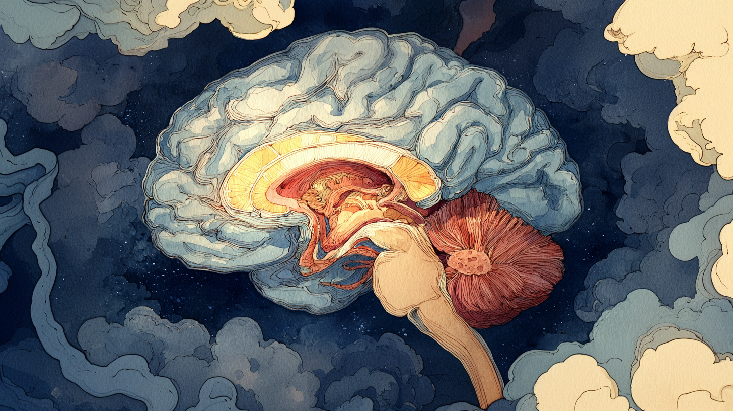 Watercolor cross-section of a human brain, interior glowing amber and red, cool blue-silver cortex, brainstem descending at the base.