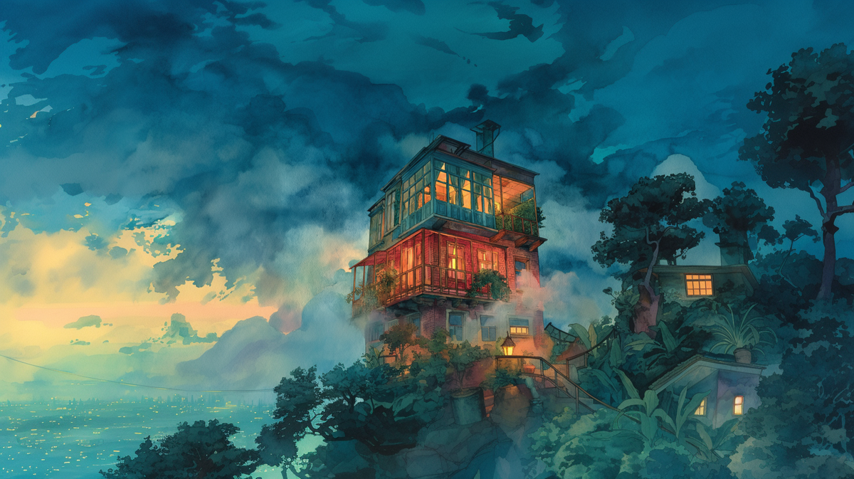Three-story house rising through mist at dusk, three levels glowing in burgundy, amber, and blue-green, representing the brain's three integrated levels.