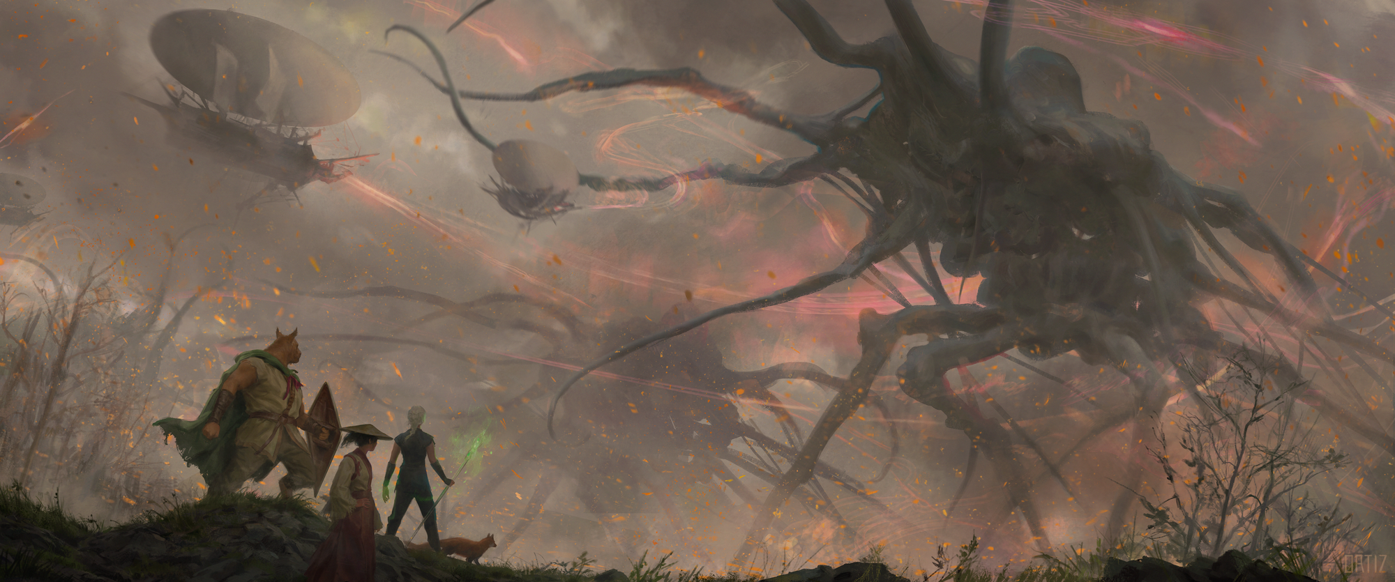 In the foreground: a white-haired wizard, a Japanese witch, and a man with bear ears. In the background, skyships barrage the Eldritch monstrosities emerging from clouds of dirt and smoke.