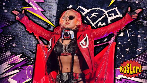 AEW star Thekla with red entrance gear and sunglasses has her arms outstretched in front of a grungy, purple Spider-Punk themed background with the KaSLam! logo in the lower right
