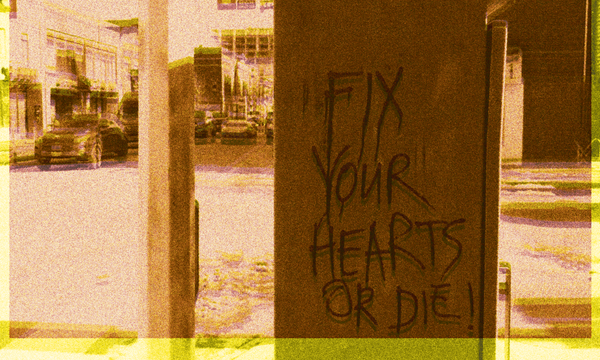 a yellow and red risograph style photo, with text that reads fix your hearts or die on a box on the sidewalk
