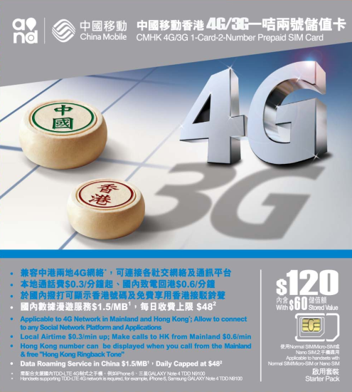 China Mobile Hong Kong 4G/3G 1-Card-2-Number Prepaid SIM Card
