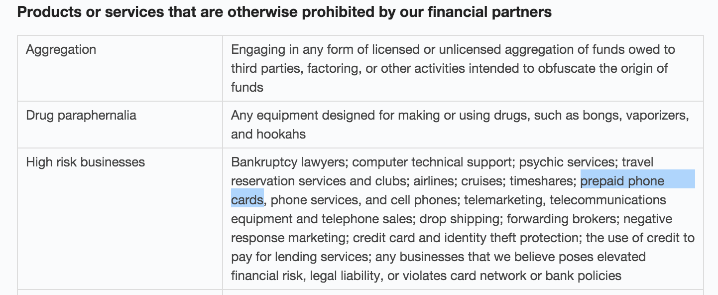 Stripe prohibited businesses