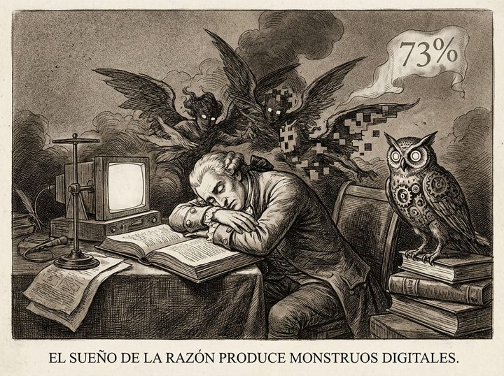 Person schläft über Computer, umgeben von digitalen Monstern aus Code und Daten. 73% schwebt als Banner. © Marjan Milosavljević, 2025.