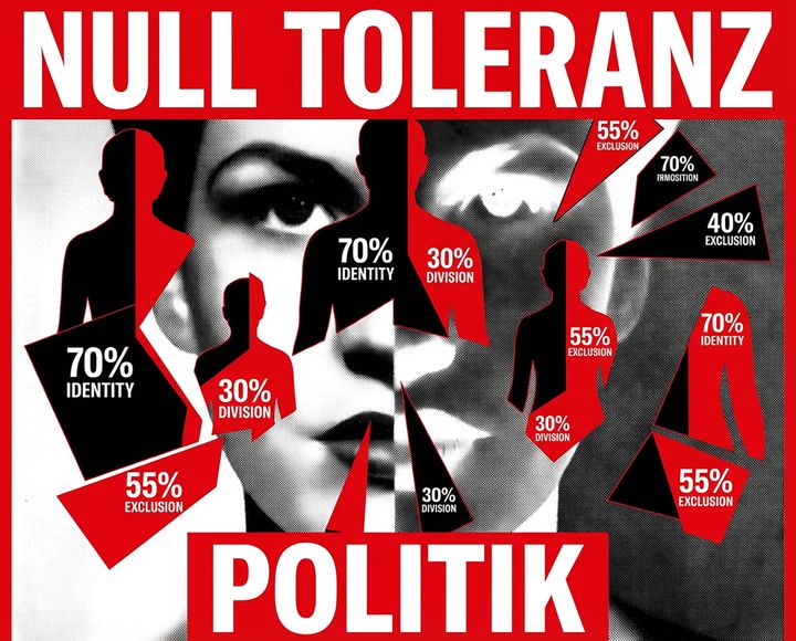 Politische Fotomontage: Fragmentiertes Gesicht mit Statistiken, Menschen als Silhouetten mit Prozentzahlen. © Marjan Milosavljević, 2025.