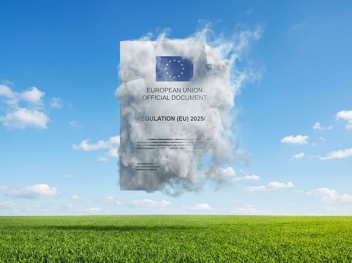 EU-Dokument löst sich in Rauch auf, schwebt über grüner Wiese vor blauem Himmel – Symbol für den AI Act als Simulakrum.