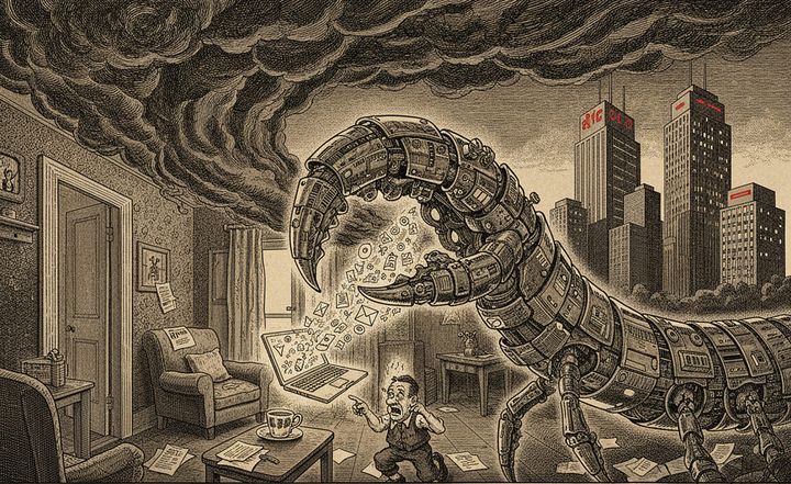 Mechanische Krake greift nach Laptop in einem Wohnzimmer, Daten fliegen auf, Person weicht zurück. Politische Montage. © Marjan Milosavljević, 2026.