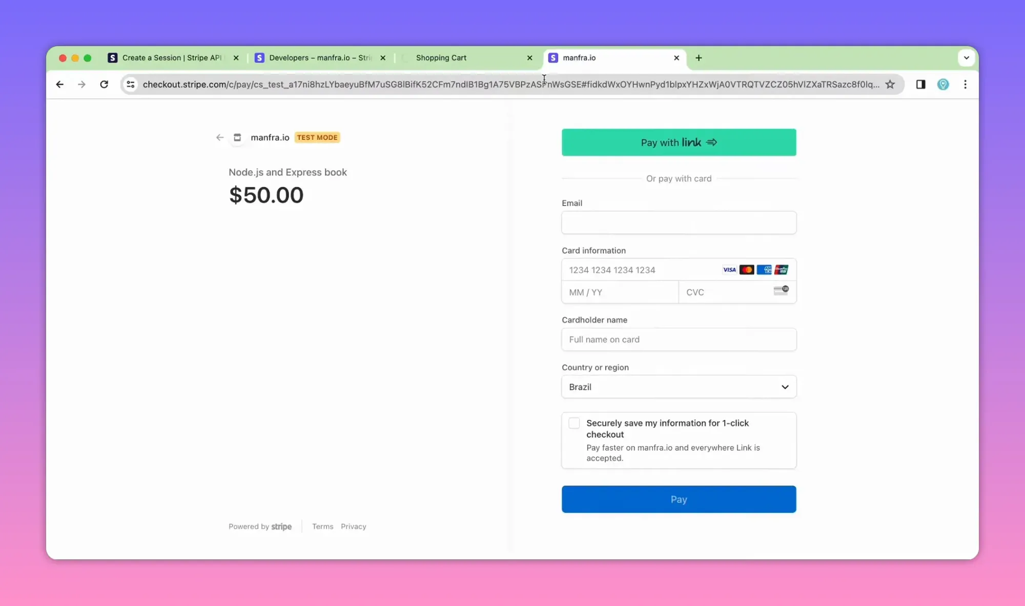 Stripe Checkout page in test mode showing $50 order summary and card input fields