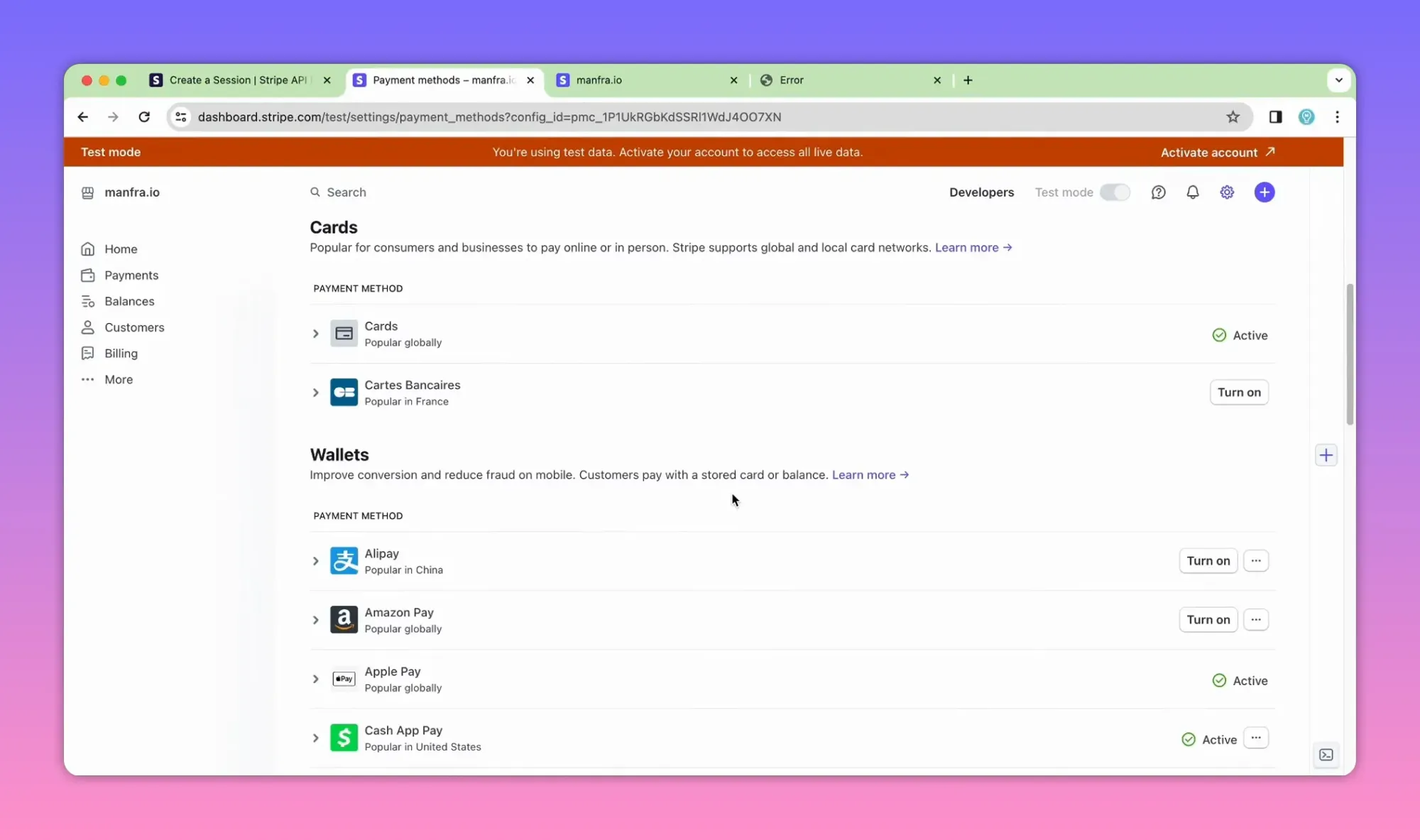 Stripe Dashboard payment methods list showing cards, wallets and 'Turn on' buttons