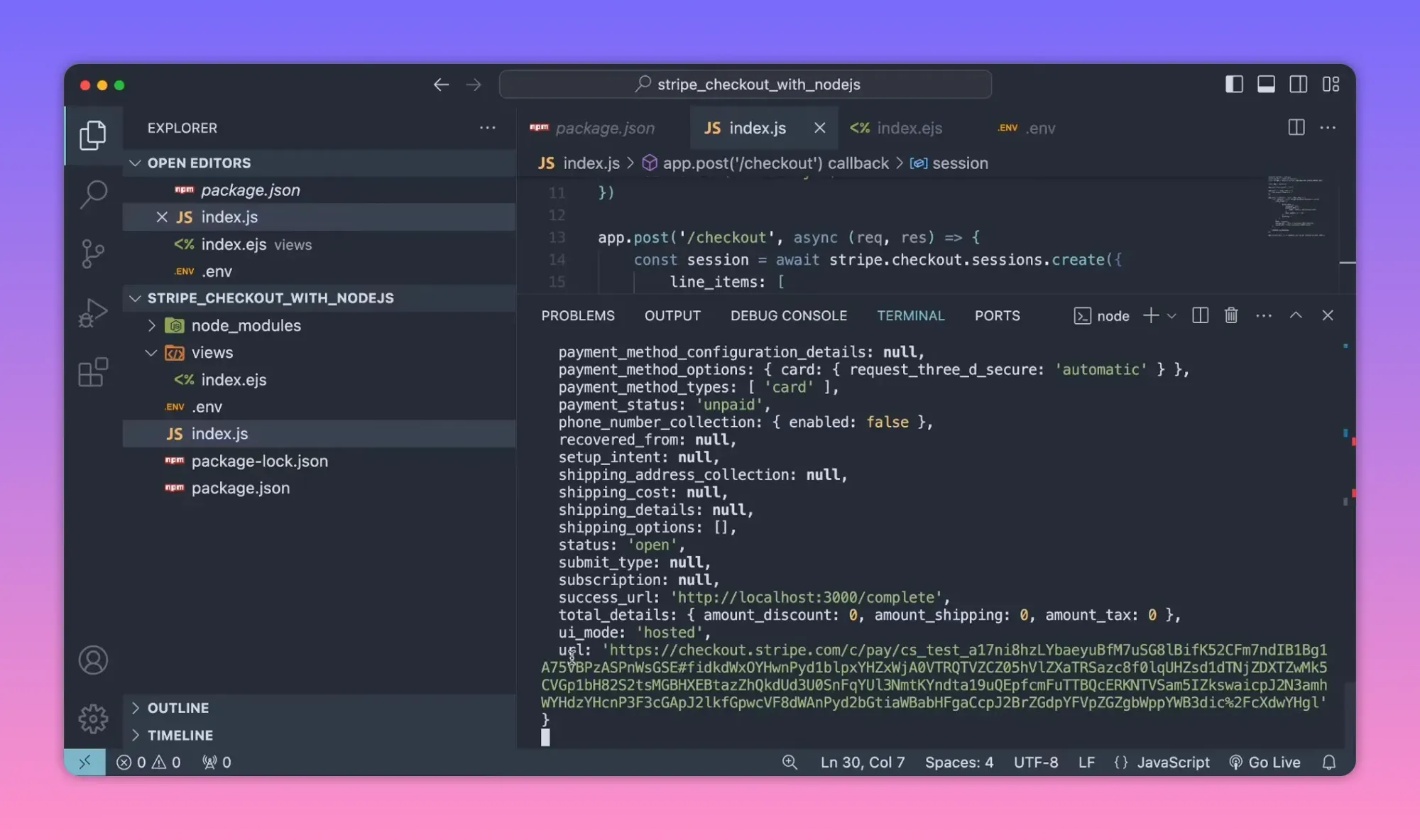 Terminal output showing Stripe Checkout session with success_url and the session's hosted URL