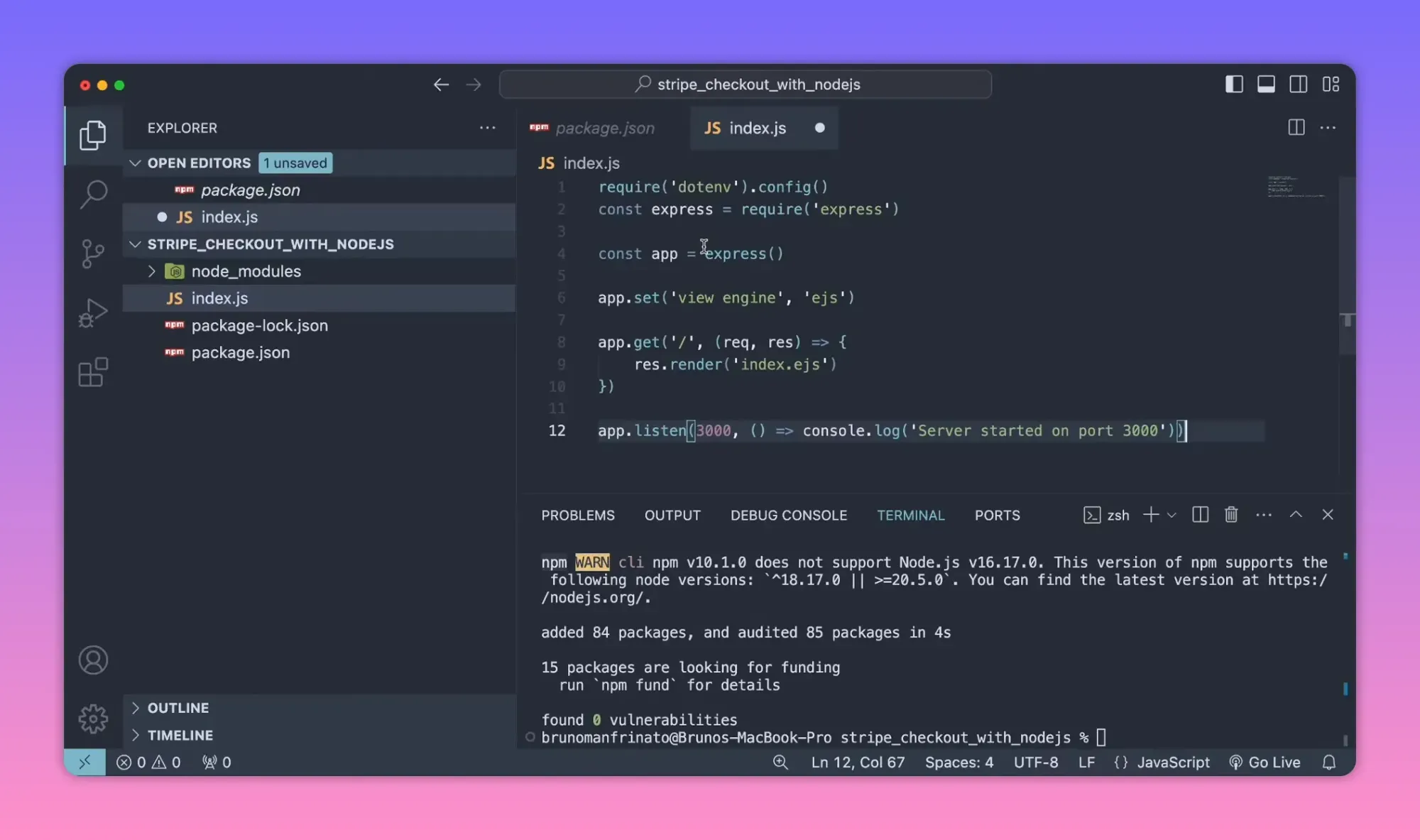 VS Code screenshot of index.js showing require('dotenv'), express setup, route and app.listen(3000)